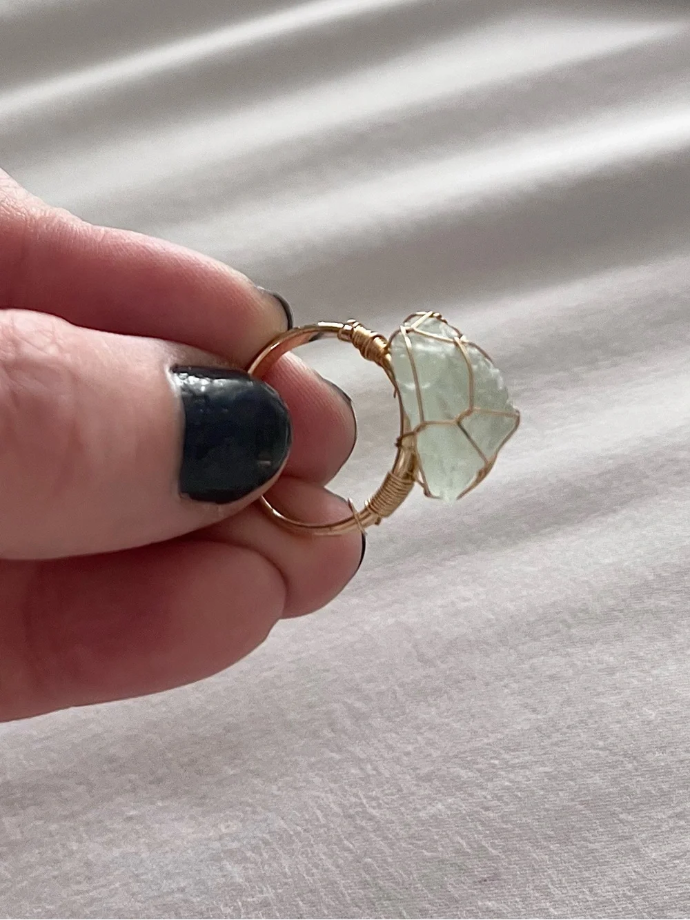 GREEN CALCITE raw cut wire wrapped natural stone adjustable gold tone ring NEW